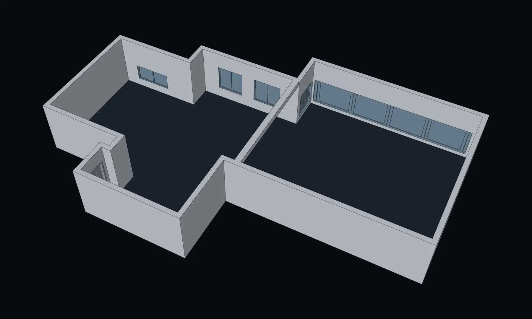 3D layout exported from the same project, 18.4 by 11.4 m, walls, doors and windows